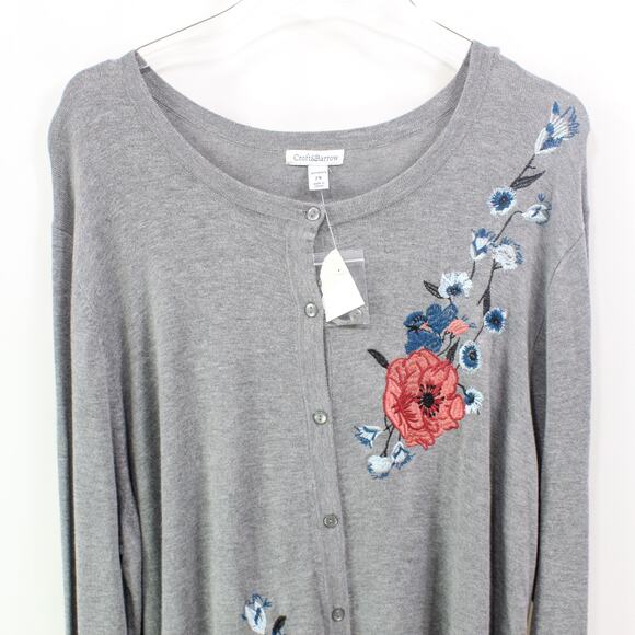 CROFT & BARROW Gray Floral Embroidered Knit Sweater Cardigan New With Tags - Picture 6 of 10